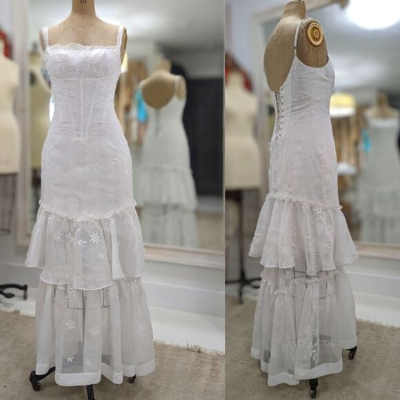 Custom Vintage Organdy Floral Embroidered Wedding Dress - Picture 11 of 16